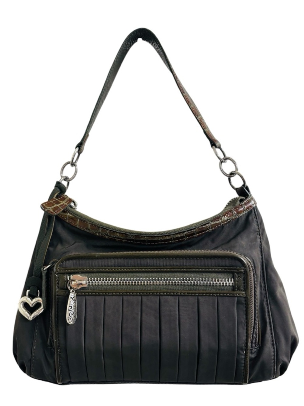 Brighton vintage olive nylon crossbody with croc embossed leather details